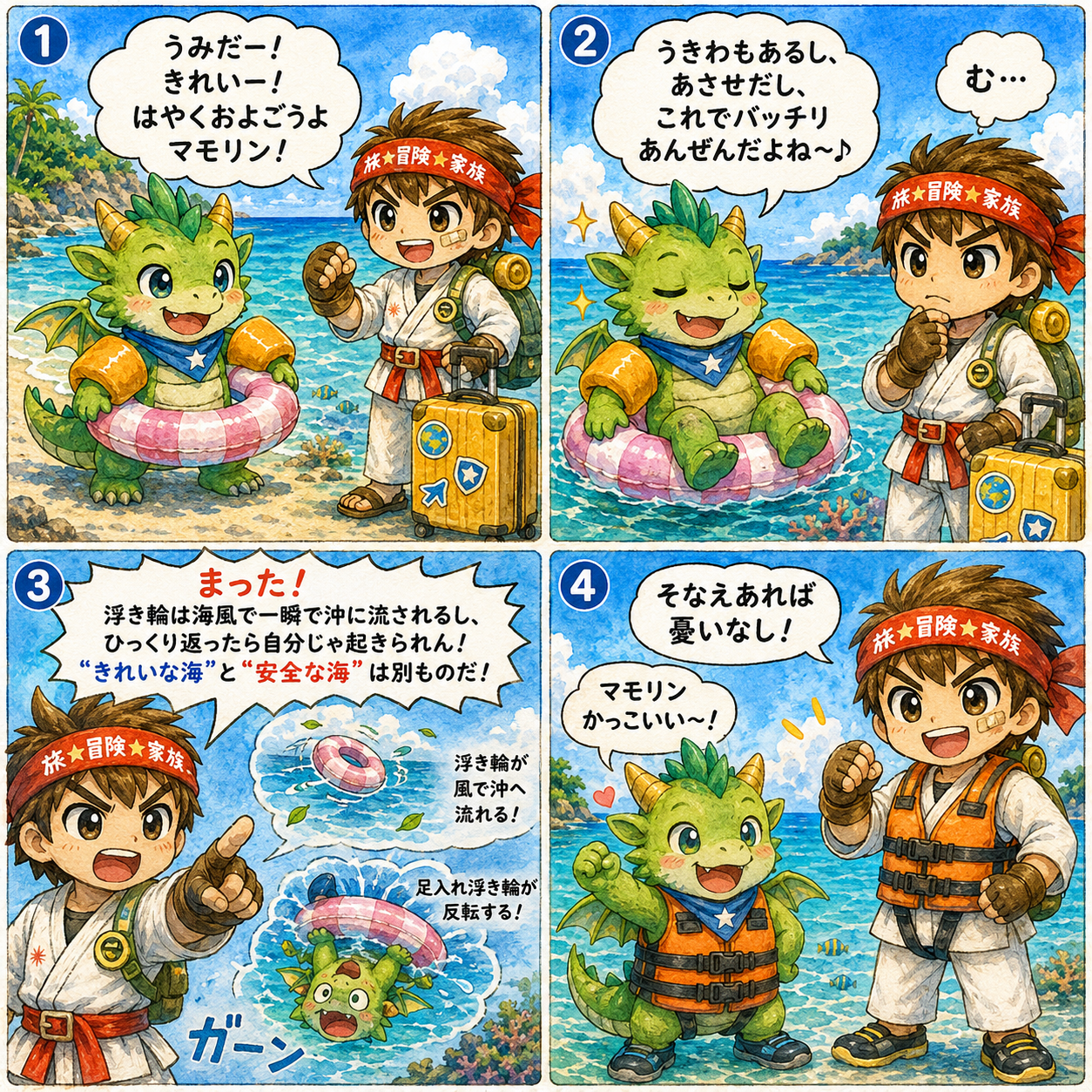 冒険者の休日 第1話 沖縄シュノーケルの安全対策 マモリンとドラルンの4コマ漫画