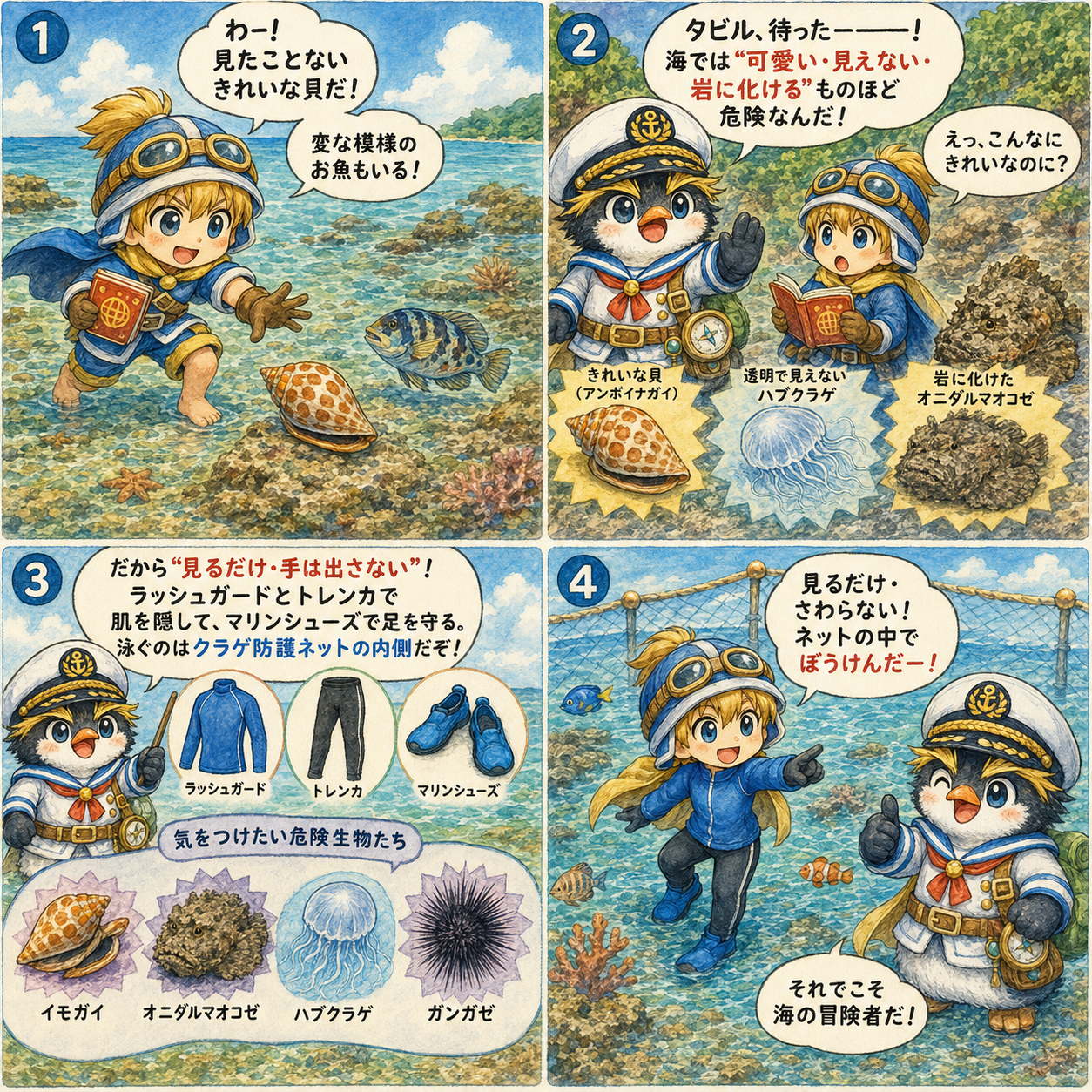 冒険者の休日 第3話 沖縄の海の危険生物対策 セイルとタビルの4コマ漫画