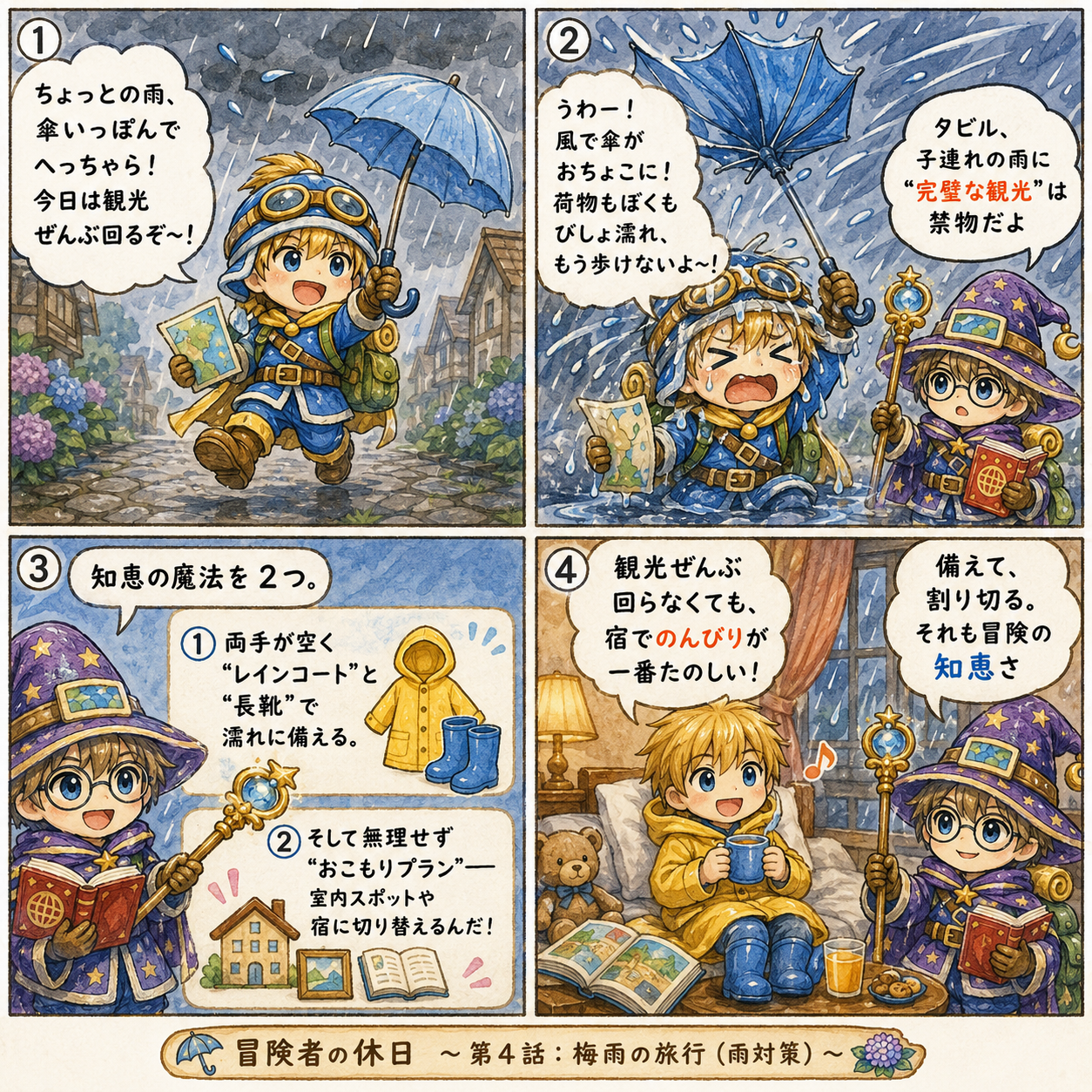 冒険者の休日 第4話 梅雨の旅行 雨対策 マホルとタビルの4コマ漫画