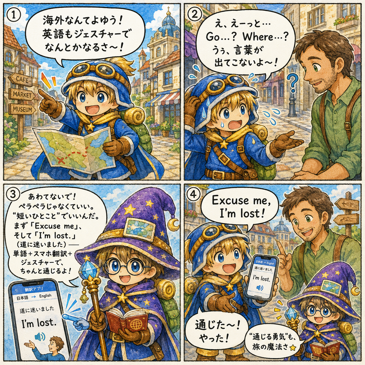 冒険者の休日 第5話 旅のトラブル英語 マホルとタビルの4コマ漫画
