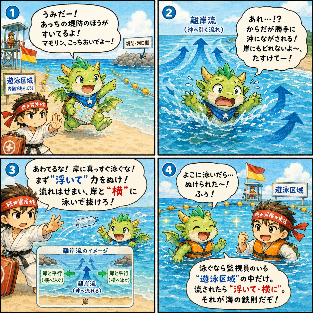 冒険者の休日 第6話 海の水難事故対策 離岸流 マモリンとドラルンの4コマ漫画