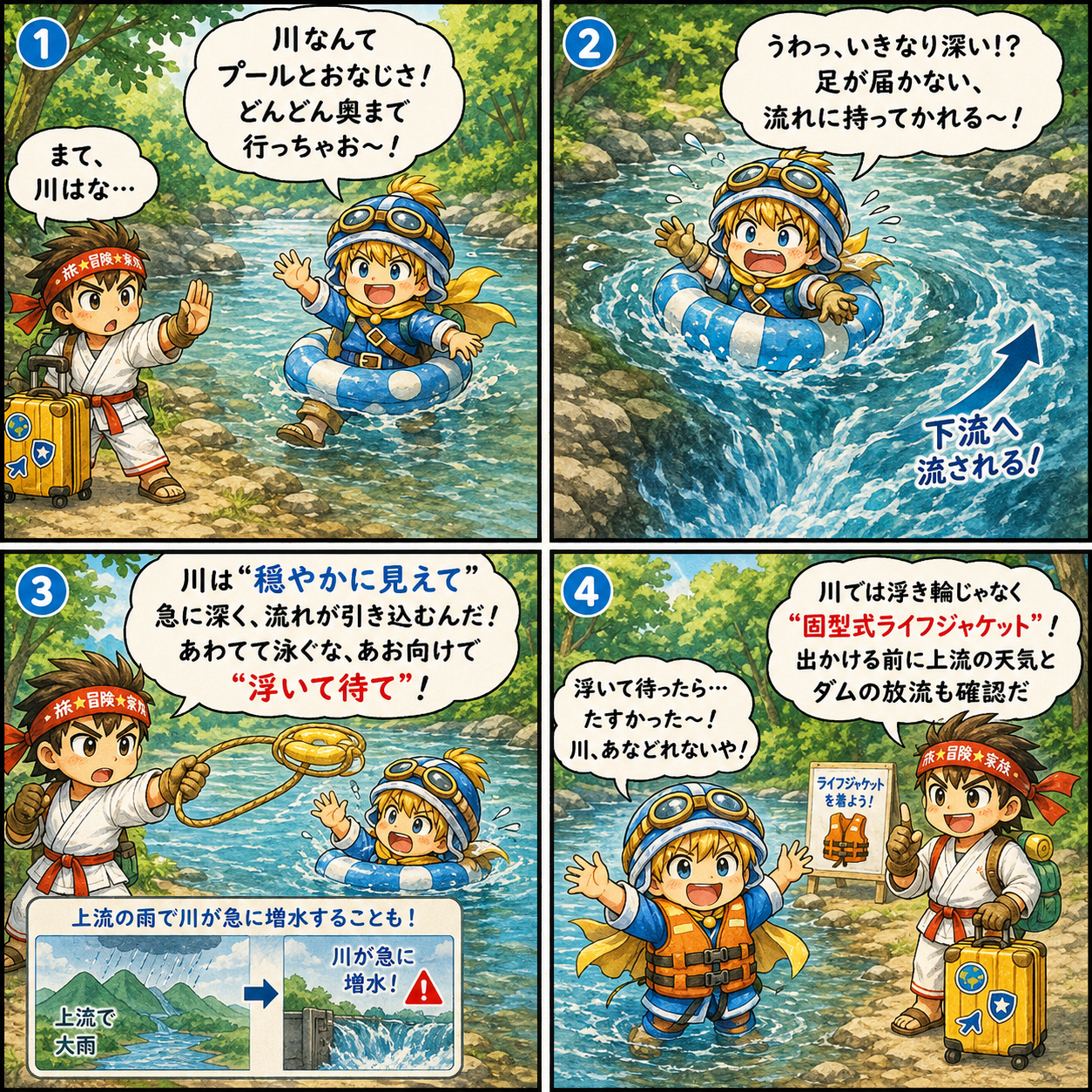 冒険者の休日 第7話 川の水難事故対策 マモリンとタビルの4コマ漫画
