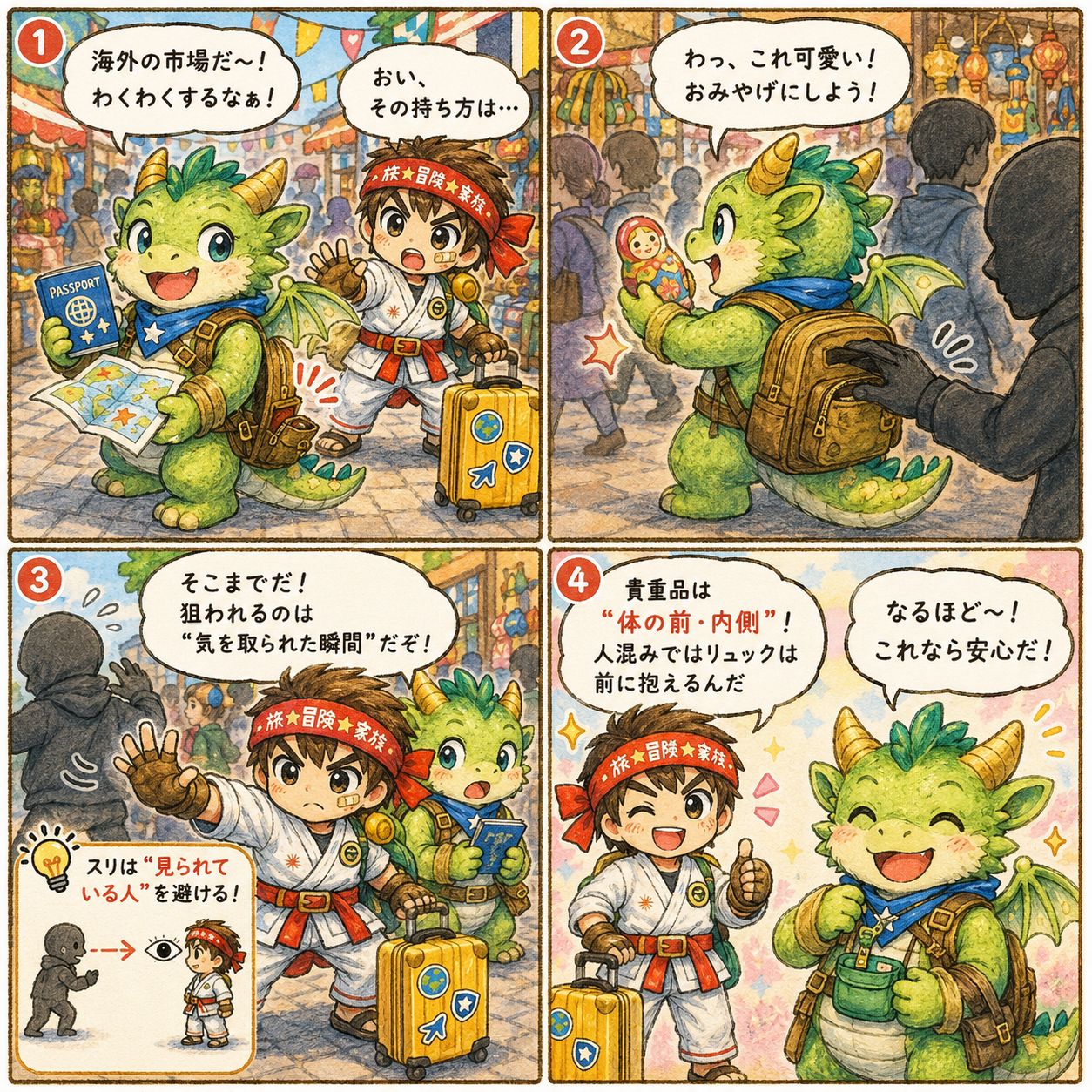 冒険者の休日 第8話 海外旅行でのスリ対策 マモリンとドラルンの4コマ漫画