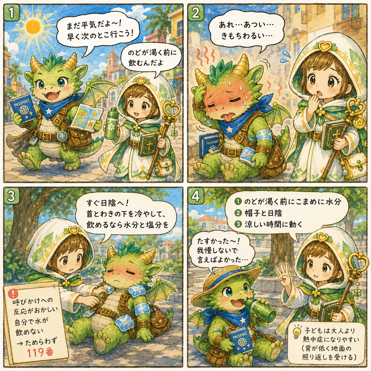 4コマ漫画 冒険者の休日 第10話 旅行中の熱中症対策（ユララ・ドラルン）