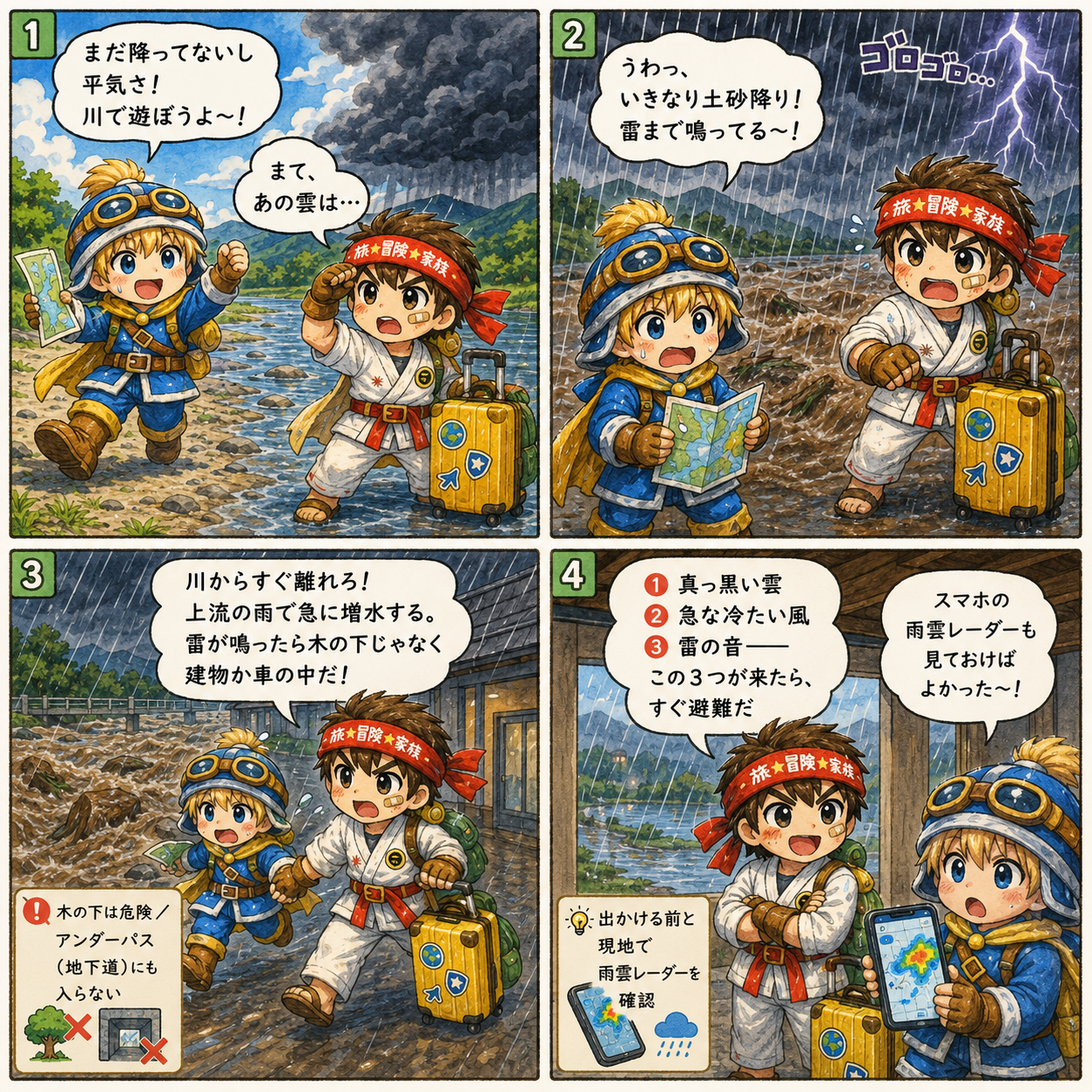 4コマ漫画 冒険者の休日 第11話 旅行中のゲリラ豪雨対策（マモリン・タビル）