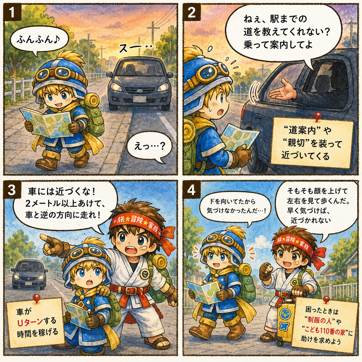 4コマ漫画 冒険者の休日 第13話 子どもへの声かけ対策（マモリン・タビル）