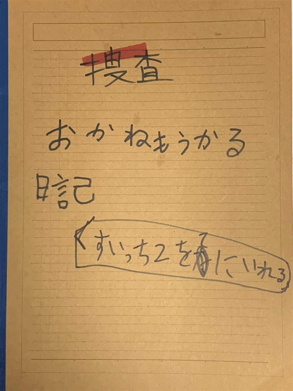 娘がつけ始めた帳簿の表紙。おかねもうかる日記と書かれている