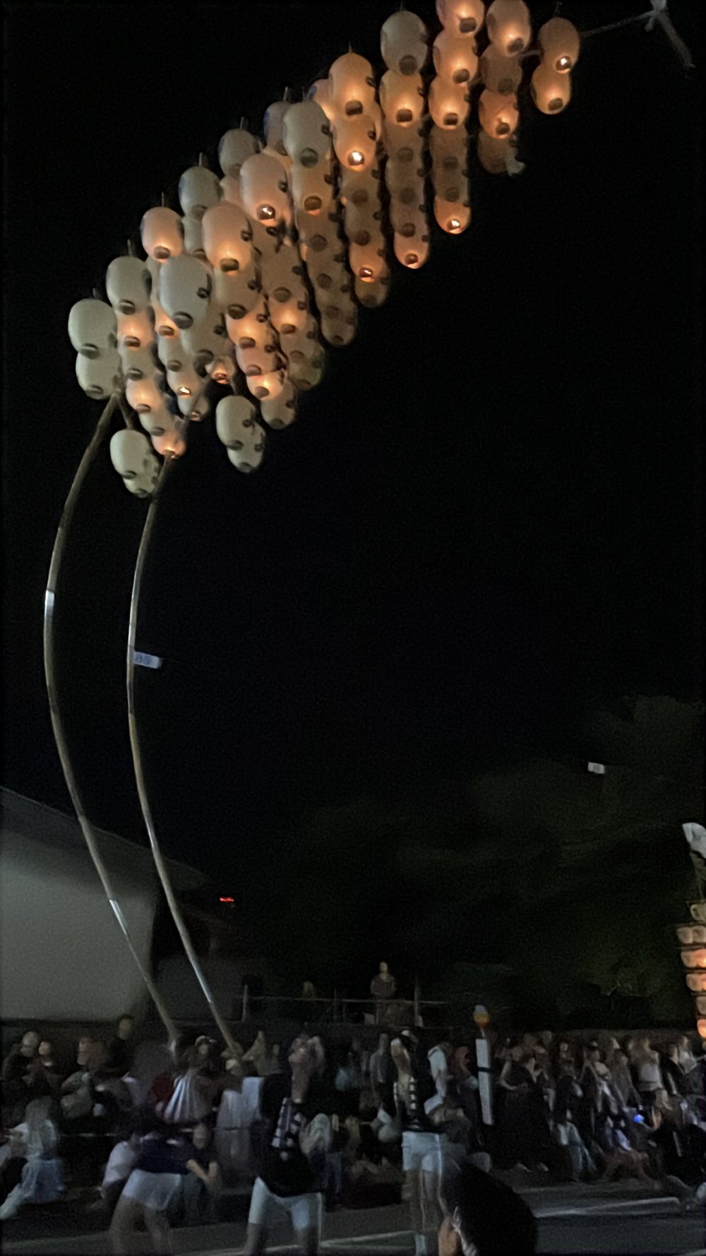 夜空に弧を描く2本の竿燈のシルエット