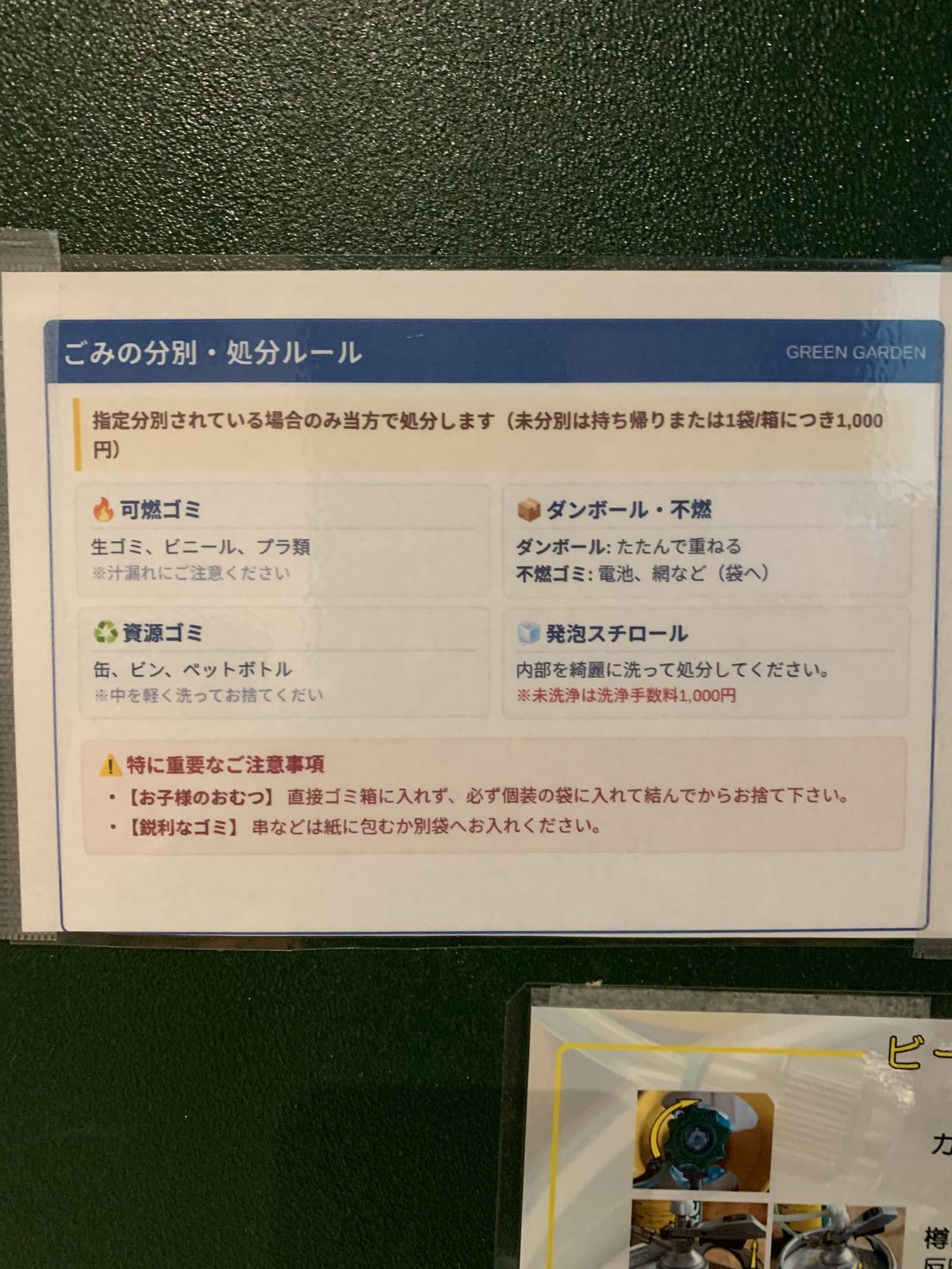 ごみの分別と処分方法の掲示