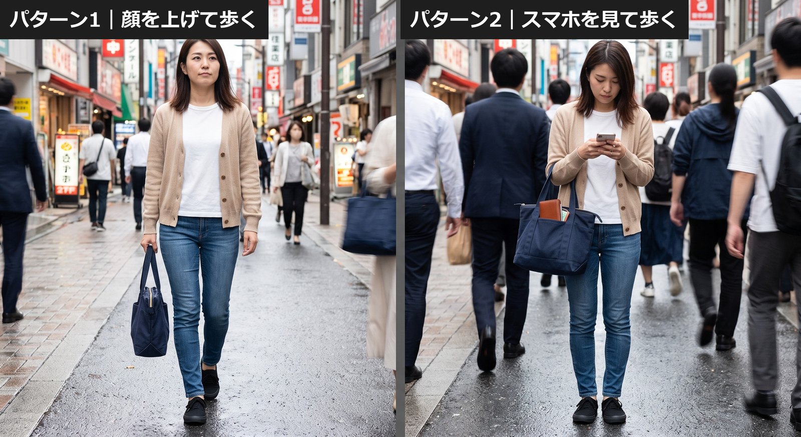 同じ服装の女性の比較。左は顔を上げて歩きバッグの口が閉じている。右はスマホを見ながら歩きバッグの口が開いて財布が見えている