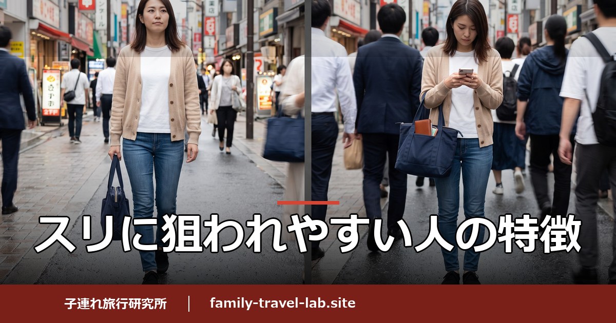 スリに狙われやすい人の特徴。商店街を歩く女性の比較。左は顔を上げてバッグを閉じ、右はスマホを見てバッグから財布が見えている