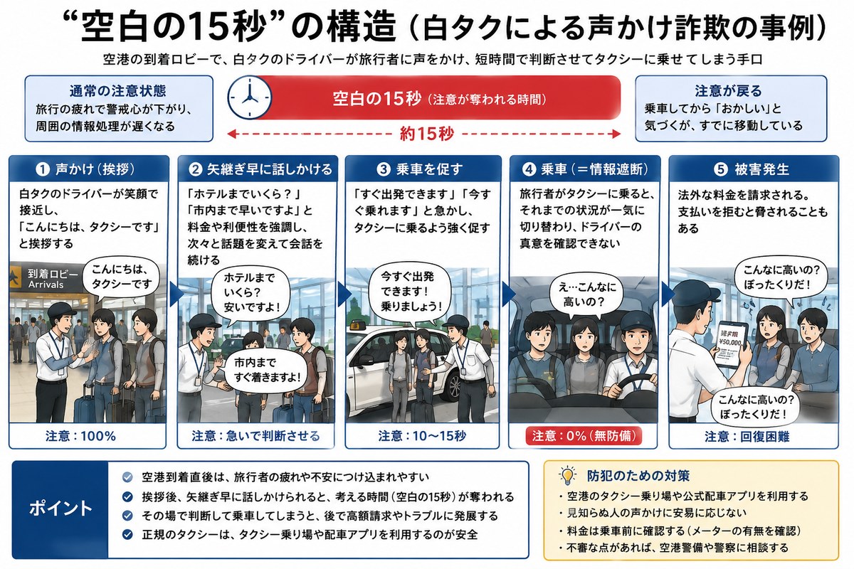 「空白の15秒」の構造を示した図解。声かけから乗車、被害発生までの5段階