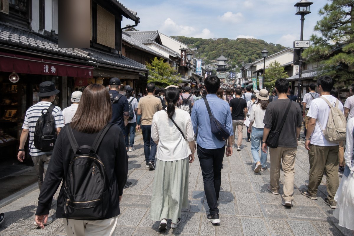 観光地の混雑した石畳の通りを、多くの人が背を向けて歩いている。リュックやショルダーバッグを身につけた人が並んでいる