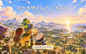 「えかきやさんの いちにち」のタイトル画面。旅の仲間たちが、夕日にてらされた町と海を見わたしている