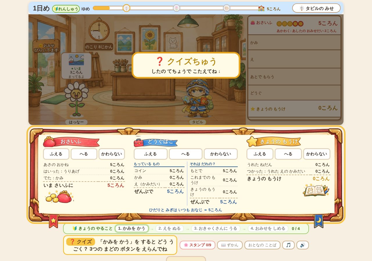お店の画面と、下の手帳にある3つの窓