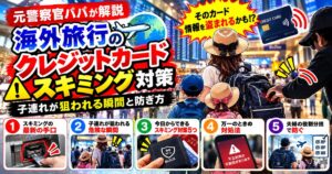 空港でクレジットカード情報を狙われる子連れ家族と、スキミング対策の図解