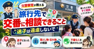 交番の前で警察官に相談する親子と、迷子・落とし物・不審者のイラスト