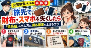 旅先で財布とスマホを失くして困る親子と、遺失届の手順を示す4つのステップ