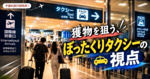 空港の国際線到着ロビーとタクシー乗り場の案内表示。ぼったくりタクシーの視点