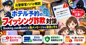 ホテル予約をかたる偽のフィッシングメッセージが届いたスマホと、警戒する親子