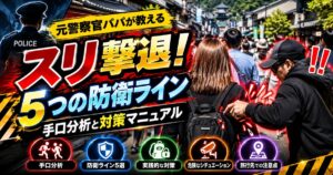 観光地の人混みでリュックのファスナーに手を伸ばすスリと、警戒する警察官