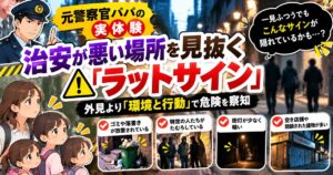 薄暗い路地とゴミ・落書き・閉鎖された店舗など、治安の悪さを示すサインの例